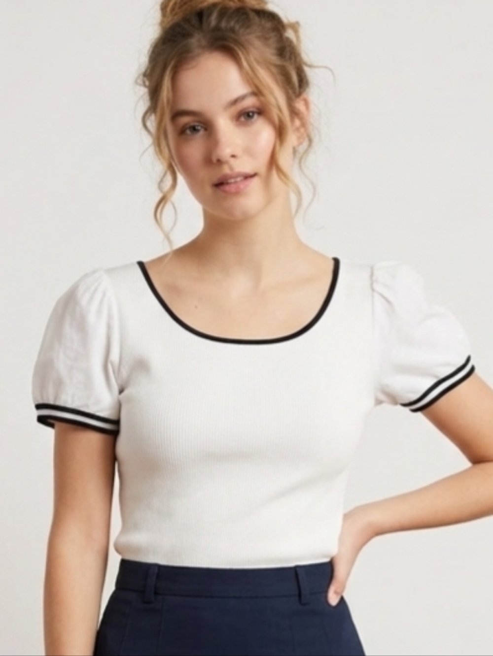 Lauren Ralph Lauren Puff Sleeve Ribbed Top White Navy Preppy Coastal Club